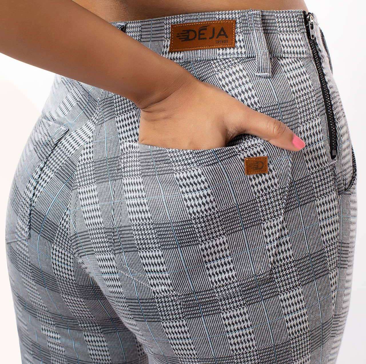 Grey & White Checked Print Women Bow Belt Pant - Pull On Grey & White Checked Print Women Bow Belt Pant - Pull On